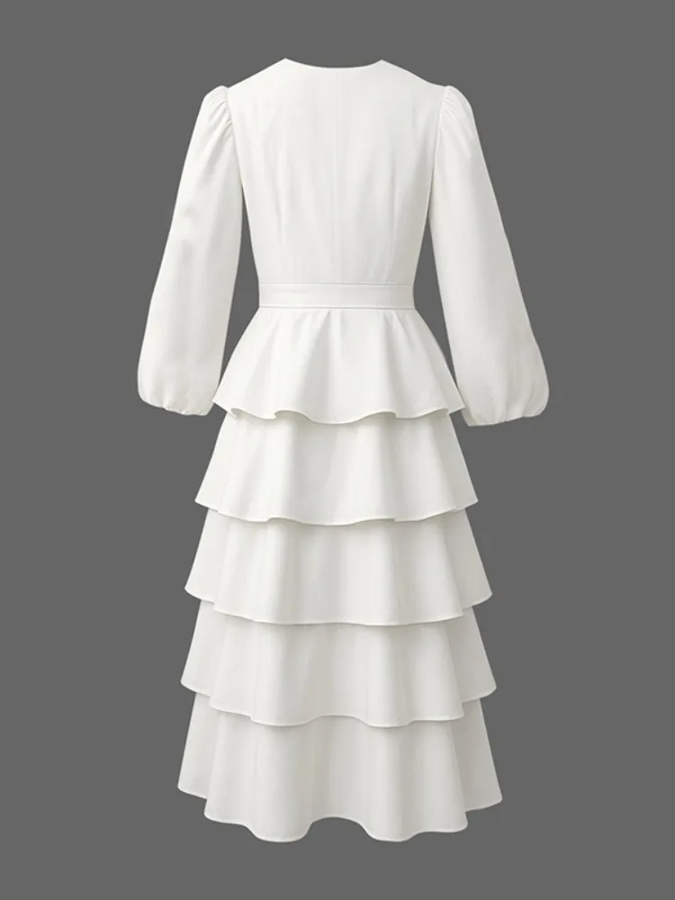 Freeacy feminino sólido branco em camadas plissado vestido com decote em v mangas compridas puff cintura alta vestido plissado 2025 moda vestidos de festa