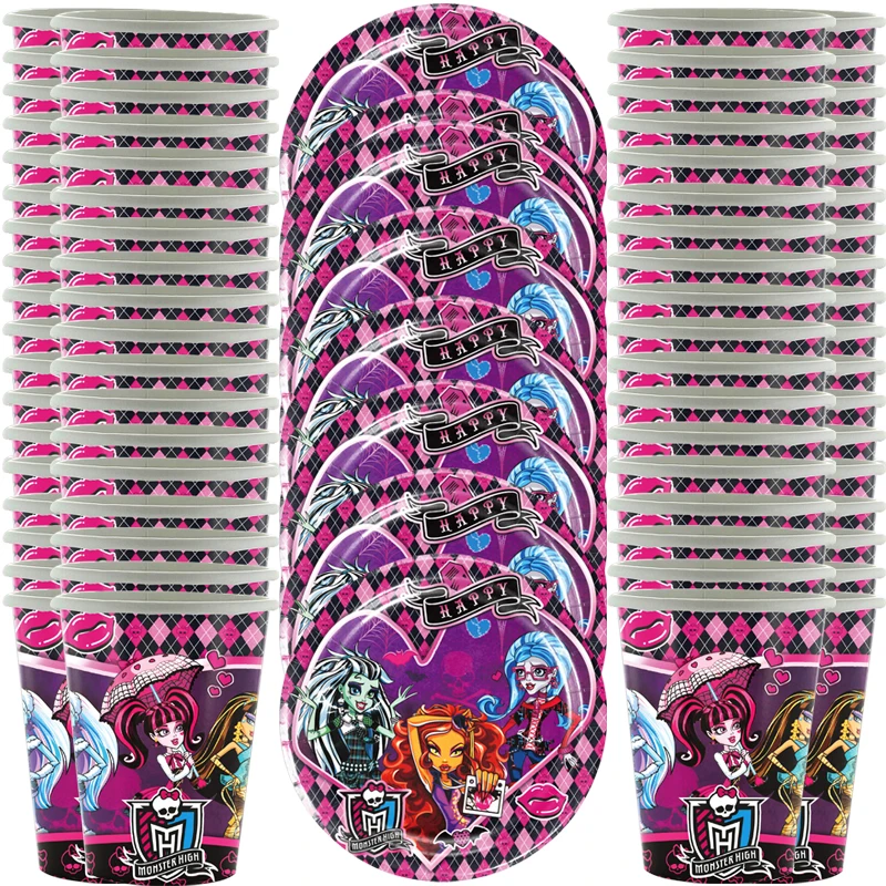 60pcs/lot Monster High Theme Cups Plates Happy Birthday Events Party Kids Favors Decorate Tableware Set