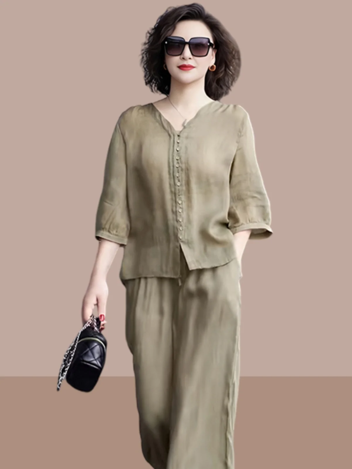 

plus Size Cotton Linen irt Set Women's Summer High Faion Top Wide Leg Pants Two Piece Set Versatile Loose Fit Long Pants