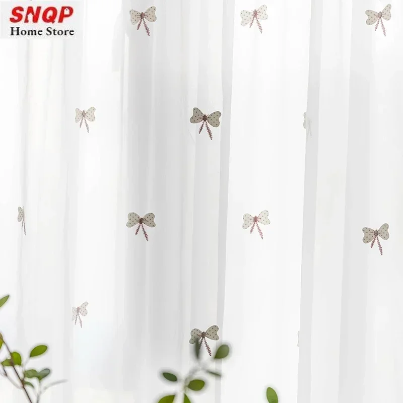 

Beautiful White Tulle Pink Bow Tie Girl Sheer Curtains for Living Room Bedroom Dining Window Screen Gauze Luxury Blackout Kids