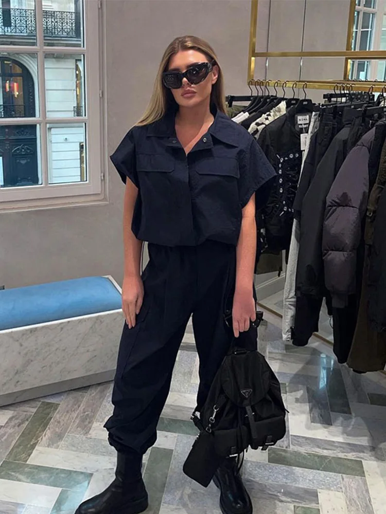 

Vintage Solid Short Sleeve Shirt Women Fashion Drawstring Overall Pants 2 Pieces Set 2023 Spring Chic Female Streetwear