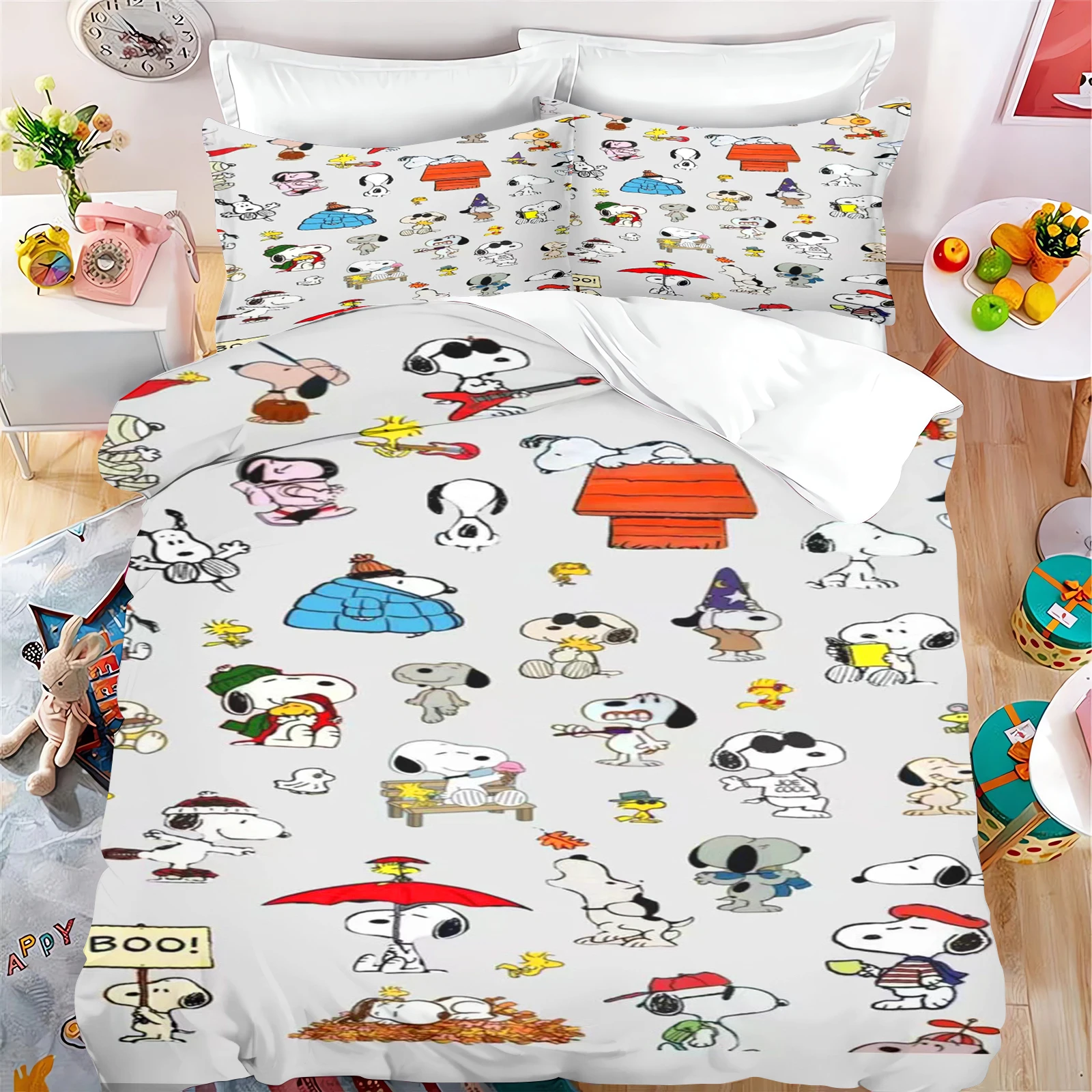 Comfortable Snoopy Quilt Cover Set for Teenager Children, Cute Decor, Digital Print, 100% Polyester, Breathable Bedding