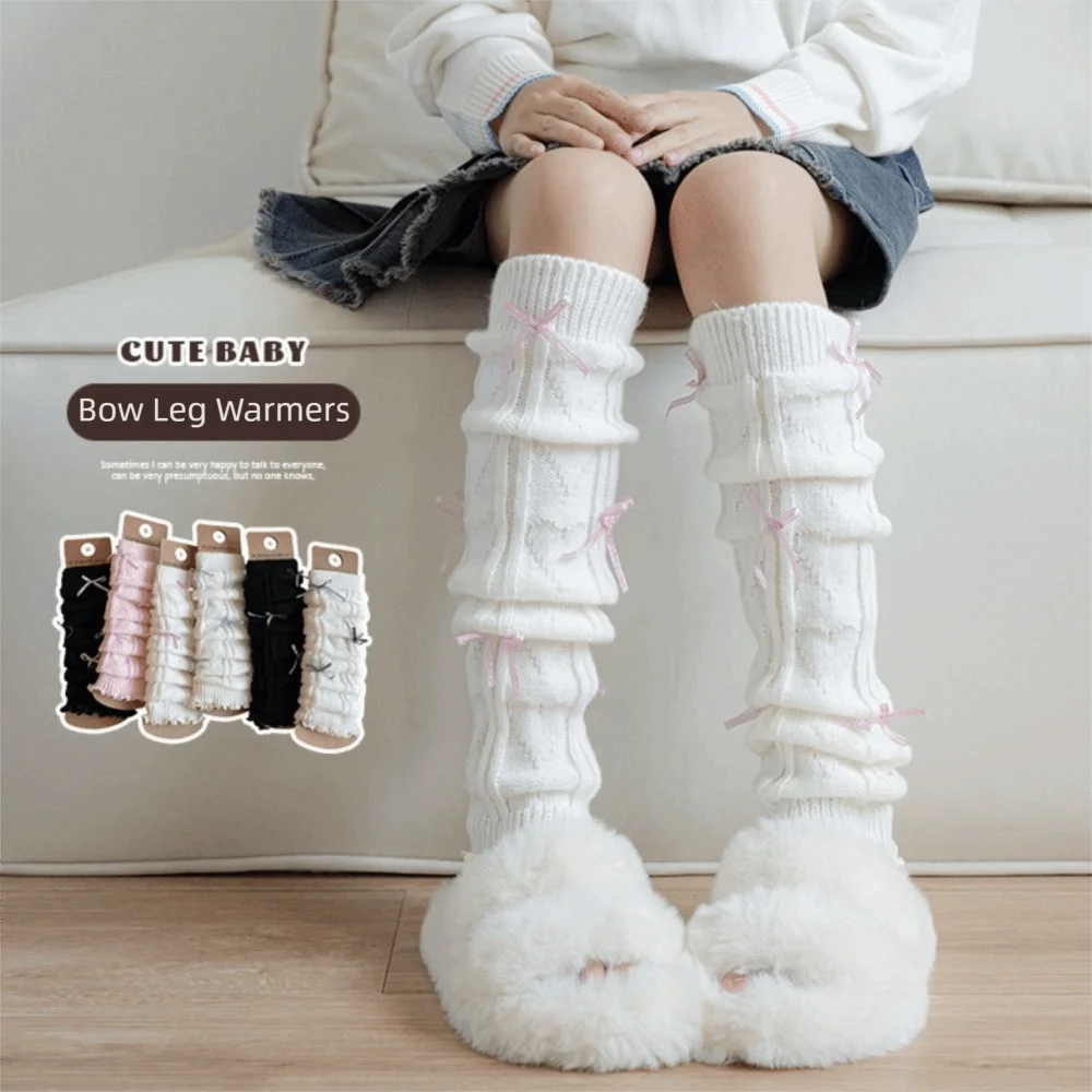 Kawaii Solid Color Leg Warmers Knitted Lace Trim Foot Cover Ballet Style Bow Ribbon Children's Foot Warmer Children Wear