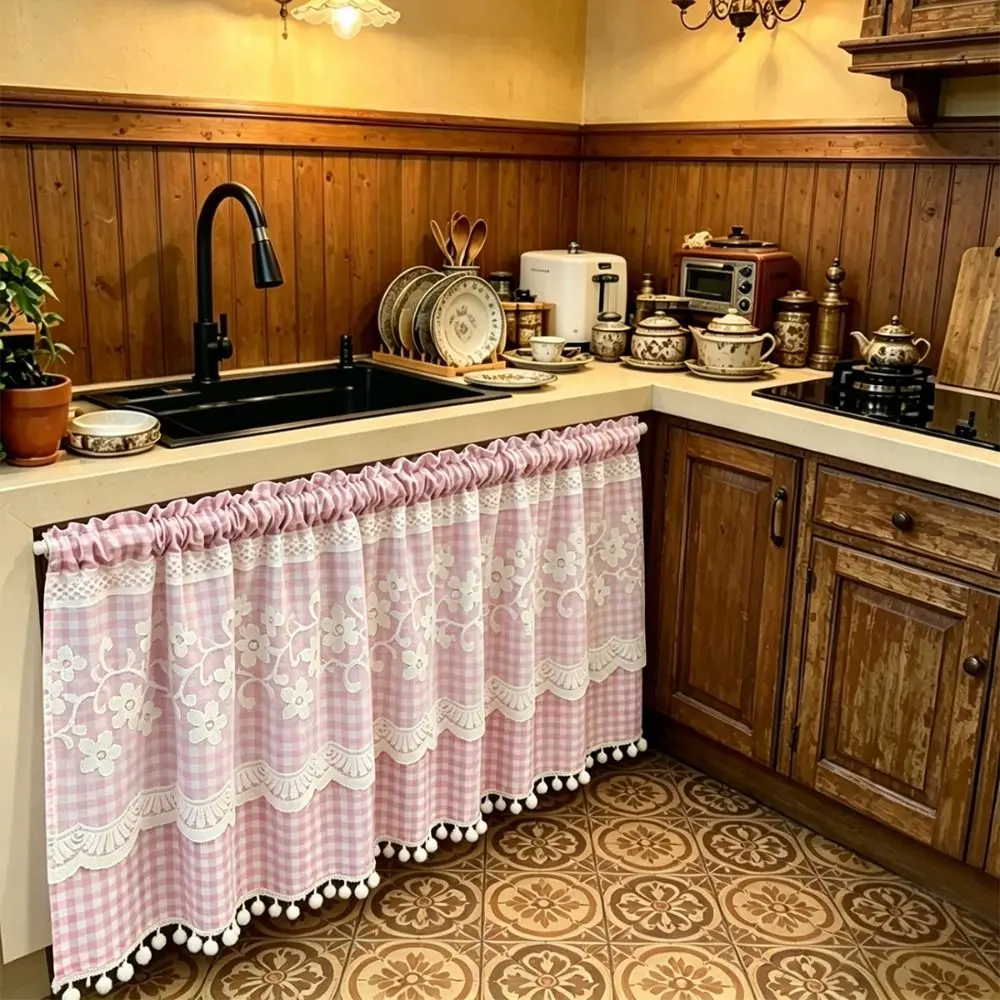 Decorative Lace Trim Oven Skirt Curtain Gingham Pattern Rustic Stove Cover Vintage Farmhouse Oven Skirt Home Decor
