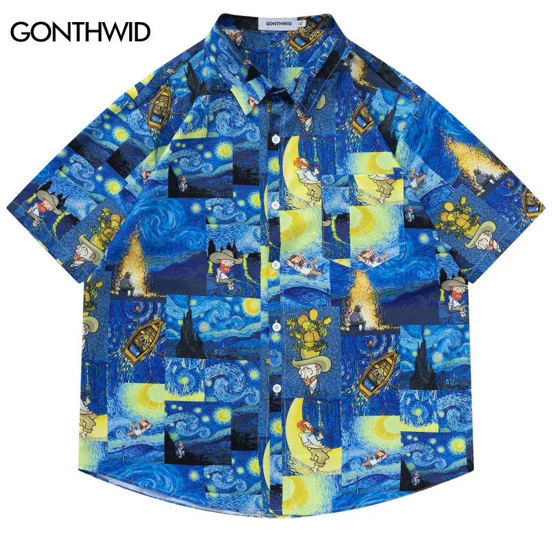 

Summer Hawaiian Shirt Funny Cartoon Van Gogh Starry Sky Print Beach Shirts Harajuku Hip Hop Short Sleeve Button Up Shirts Top