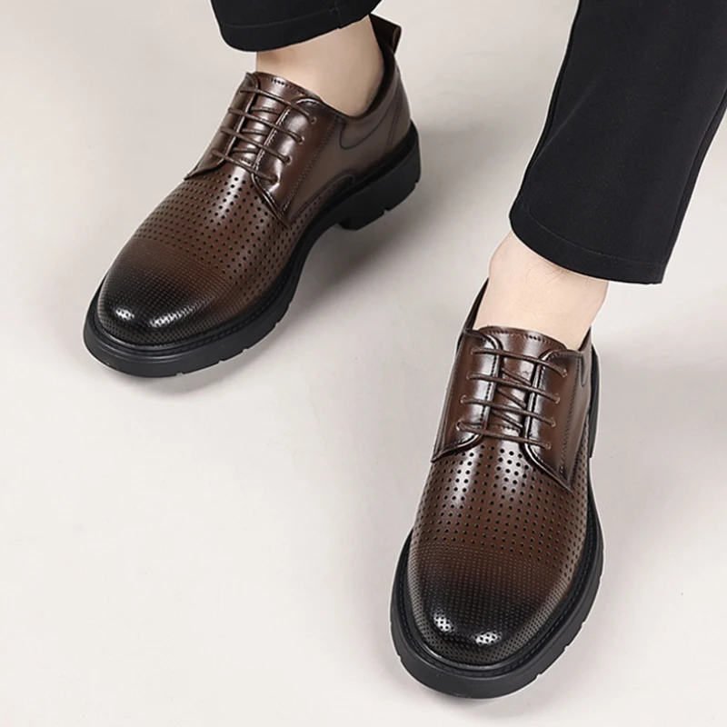 

Leather Perforated Lace Up Chunky Sole Formal Business Office Breathable Summer Shoes Hollow Simple Comfortable Retro Style New