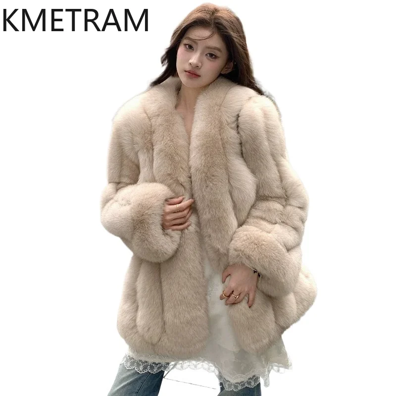 KMETRAM Real Finnish Whole Fox Back Fur Jacket Women Luxury V-Neck Mid-Length Coats Winter Real Fur Coat Woman Clothes 76cm 2026