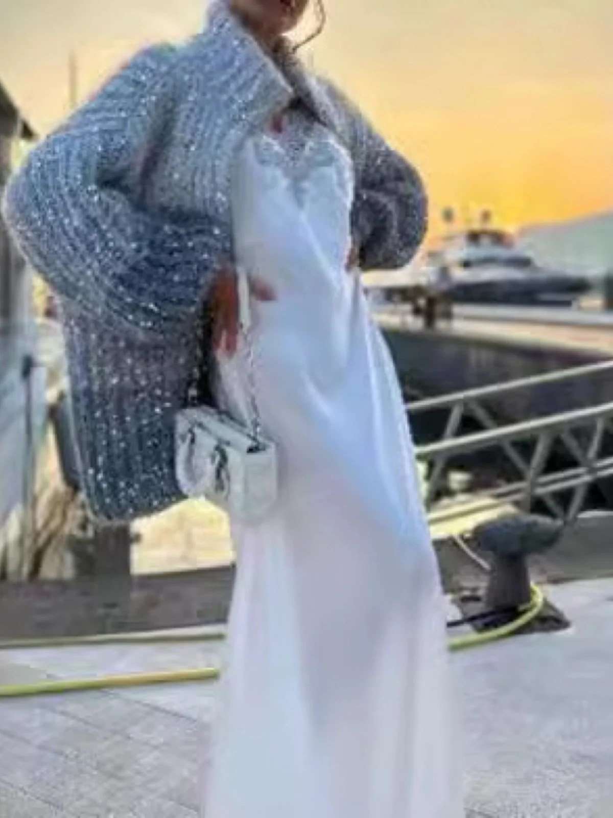 

Small Wind Bead Knit Coat Pearl Design Street Sle Long Sve Stand Collar Knitted Outerwear Women's Faion Autumn Season