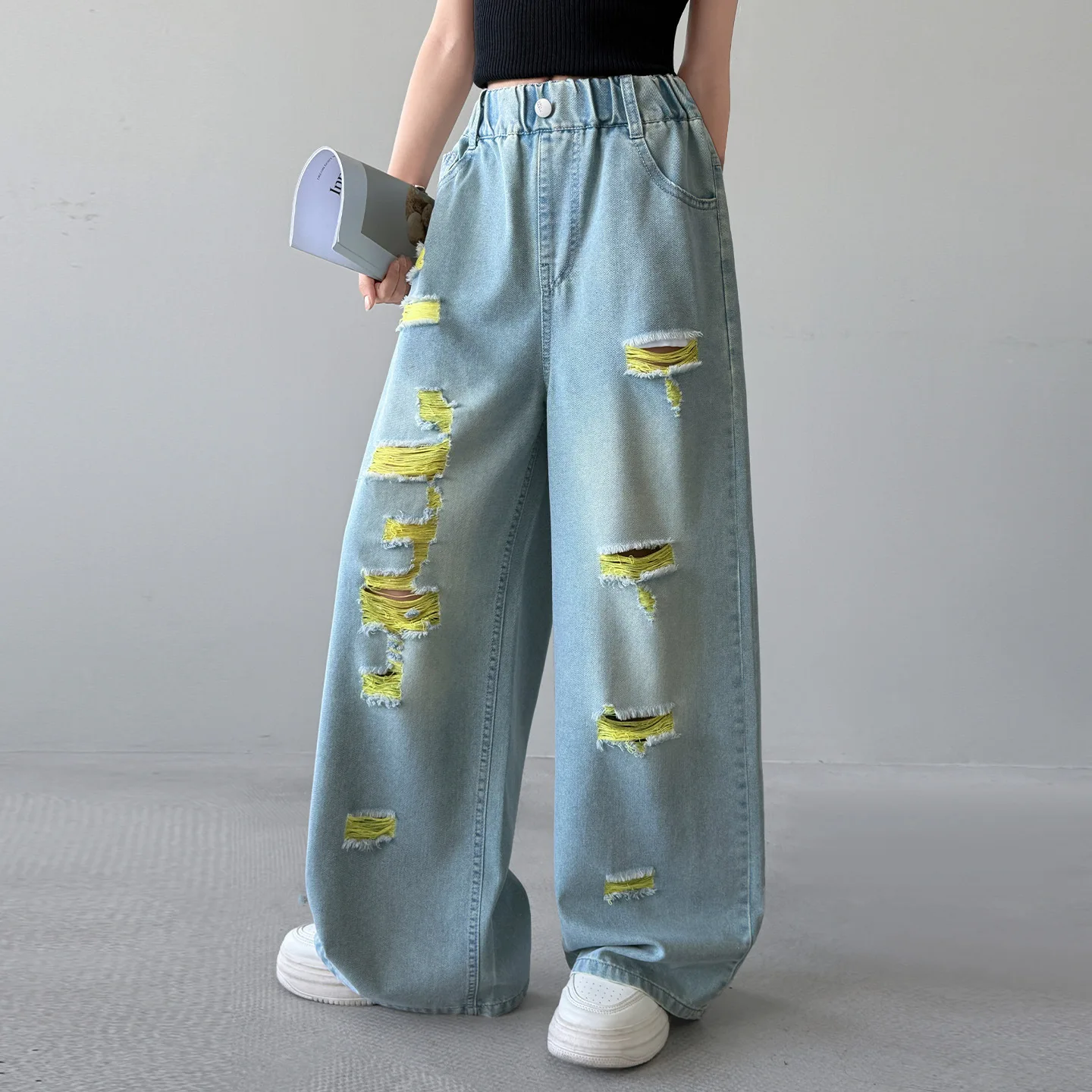 Teenage Girls Jeans 2026 New Summer Casual Fashion Loose Ripped Hole Kids Retro Korea Pants School Children Trousers 4-14Years