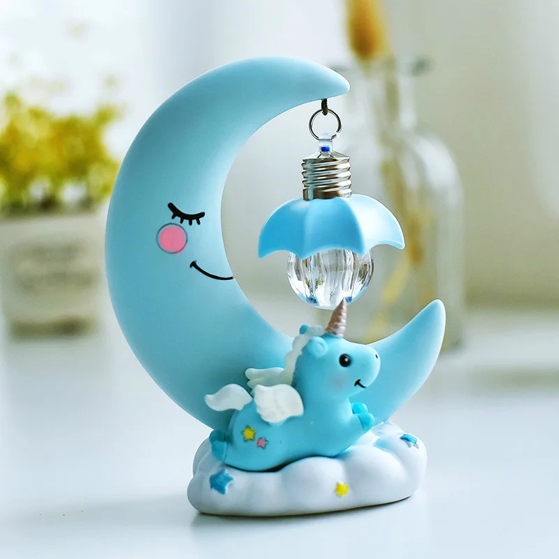 Led Night Light Resin Moon Unicorn Cartoon Baby Nursery Lamp Breathing Children Toy Christmas Gift Kids Room Craft Table Light