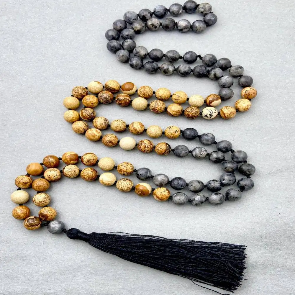 

Natural Picture Jasper 108 Beads Mala Necklace with Mixed Stone Accent Black Tassel Spiritual Jewelry