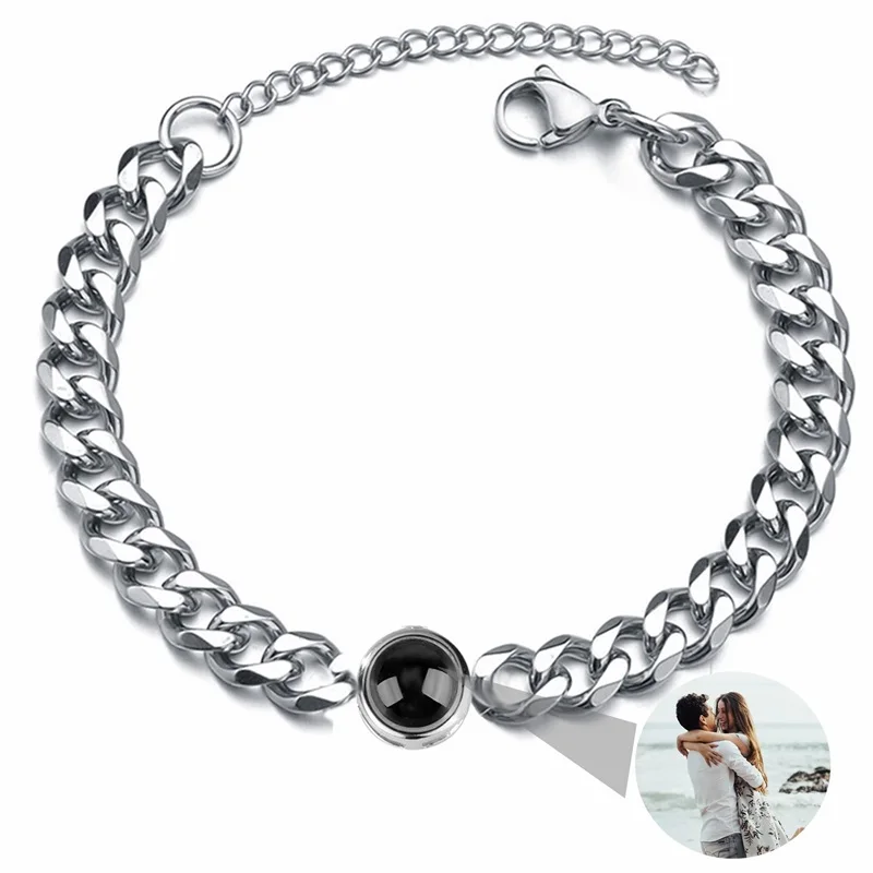 Personalisiertes Foto-Armband mit Bild im Inneren, 100 Sprachen 'Ich Liebe Dich' Projektions-Armband aus Edelstahl