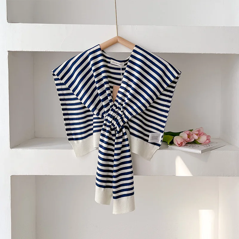 2025 Korean Striped Knitted Warm Shawl Winter Female Blouse Shoulders Fake Collar Cape Knotted Scarf Stripe Outerwear New