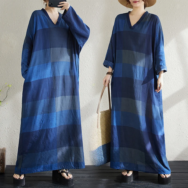 

Синяя большая клетчатая весенняя новая свободная хлопково-льняная женская макси-юбка V-Ne Long Sve Simple Holiday Sle трапециевидной формы