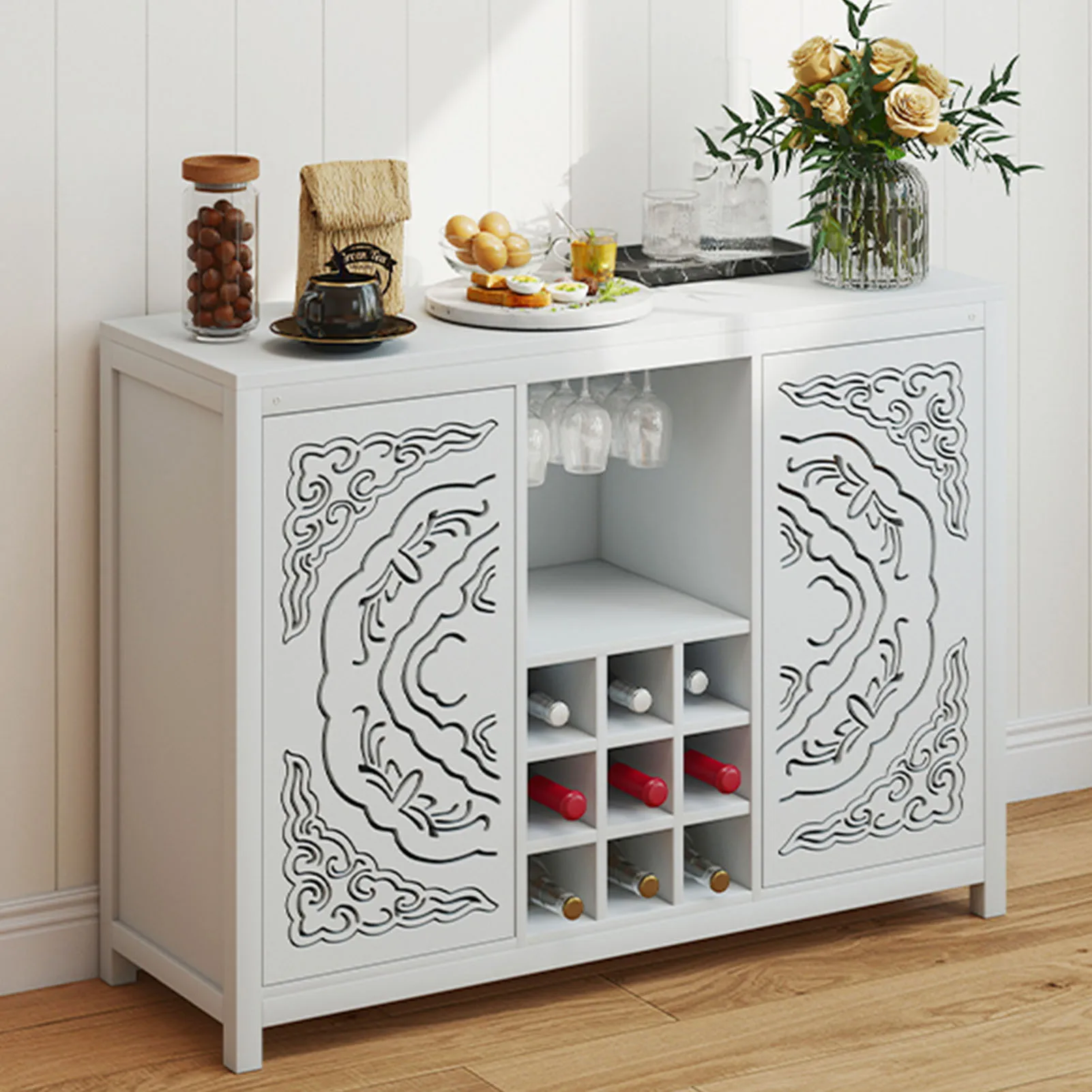 Wood Wine Bar Cabinet with 2 Doors Buffet Storage Liquor Cabinet w Wine Rack and Glass Holder for Living Dining Room Kitchen