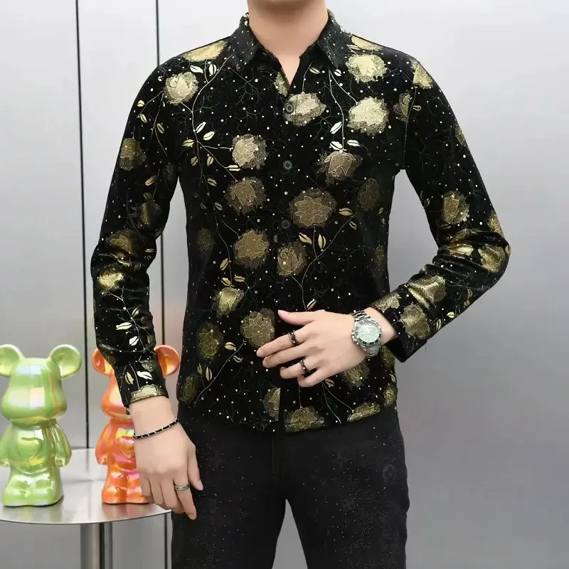 

Autumn New Arrival High Defn Embroidery iny Gold Rose Faionable Versatile Luxury Men's Long Sve irt Trendy