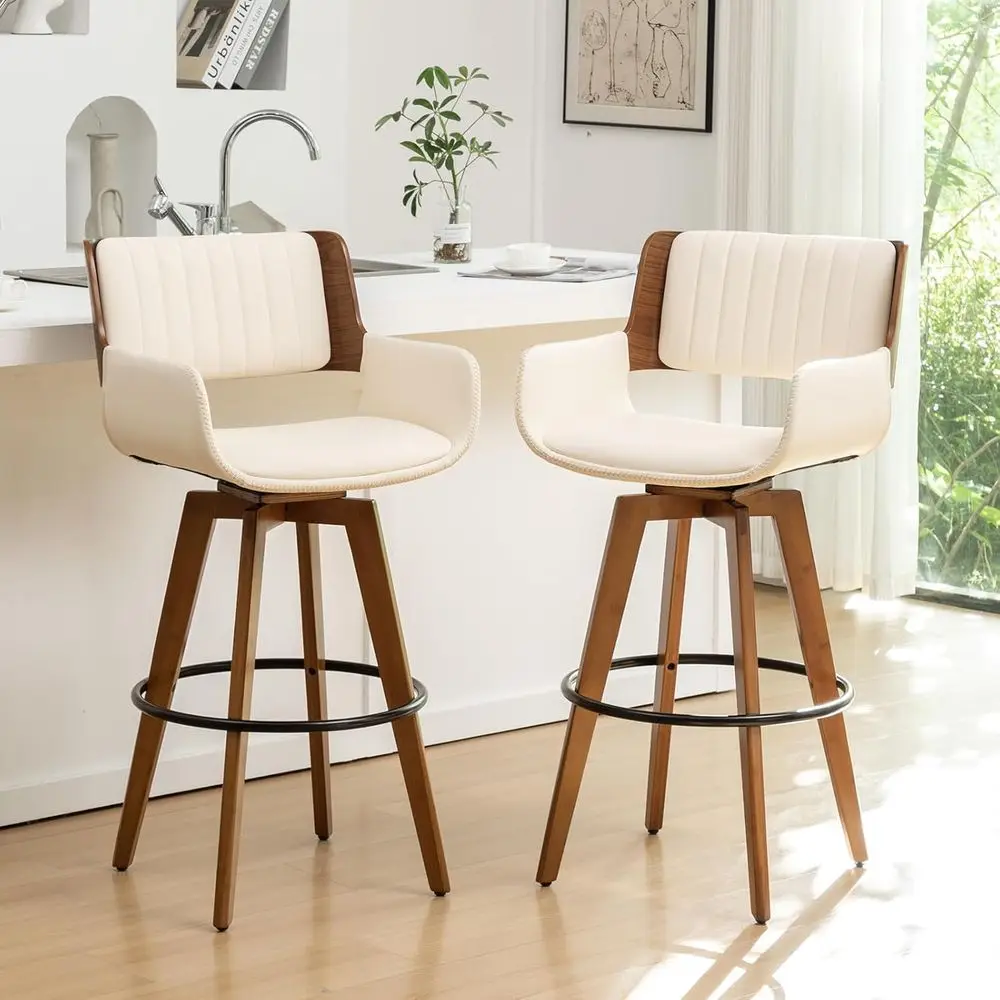 

Set of 2, 30 Swivel Bar Stools with Backs and Armrests, Faux Leather for Kitchen Island or Modern Century Dining
