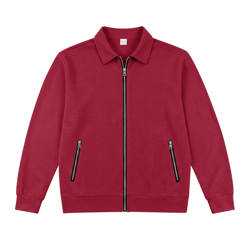 Herren Frühlings- und Herbstjacke aus Waffelstrick mit Reißverschluss, lässig, locker, leicht, mit Kragen, für den Alltag. – Detail 25