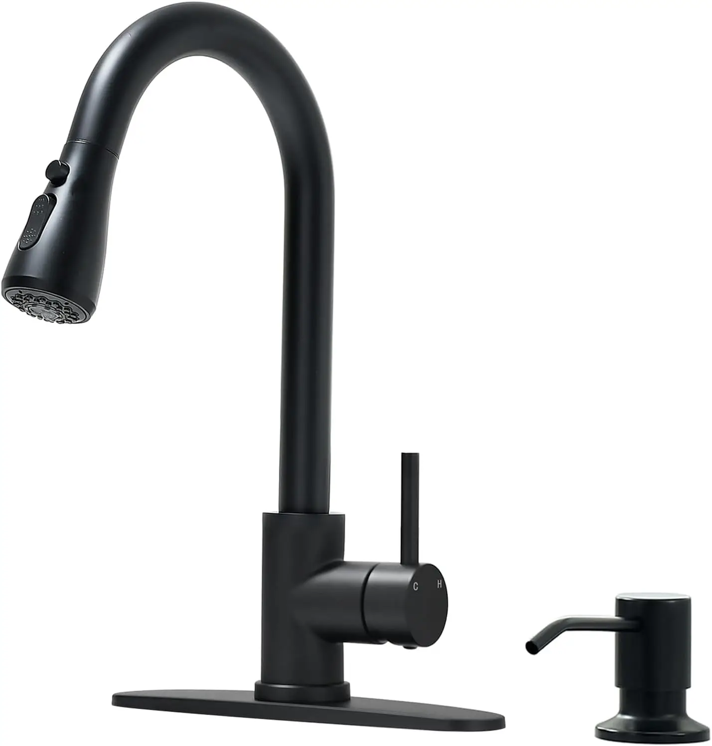 

Kitchen Faucet with Escutcheons and Soap Dispenser, 3-Mode Black Stainless Steel Kitchen Faucet Escutcheons for 2 to 4-