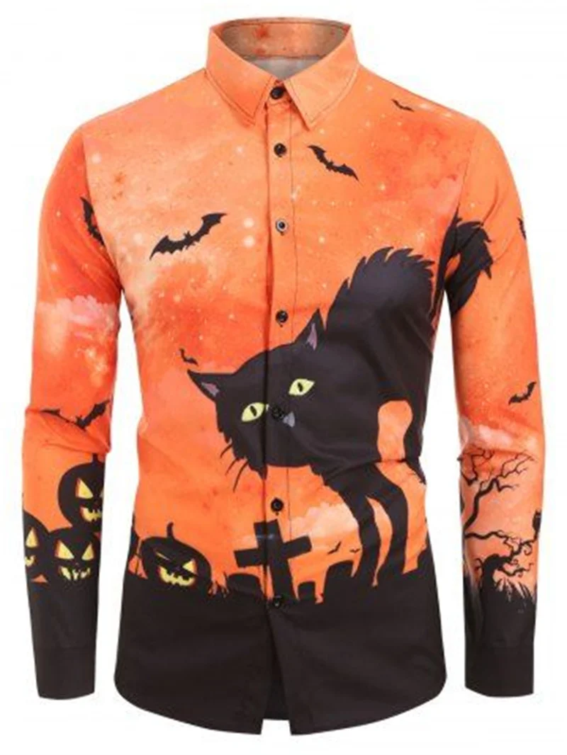 Men\'s Halloween long sleeved shirts horror printed holiday shirt men\'s casual fashion autumn clothing 2023 new men\'s tops