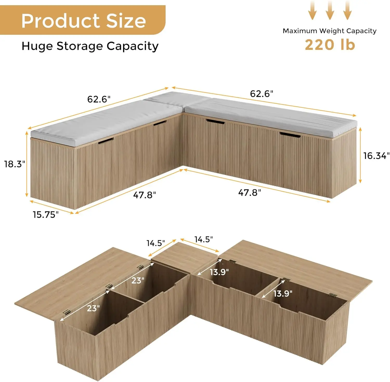 مقعد تخزين على شكل حرف L مع وسادة، مقعد طعام زاوية بدون ظهر، مقعد زاوية لتناول الطعام في المطبخ مع مساحة تخزين مخفية (خشب طبيعي) #1