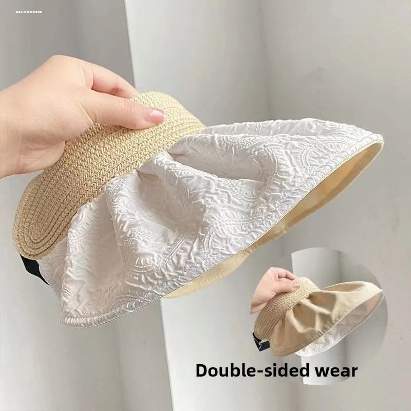 両面着用可能なわら編みサンハット女性用大きなつばの顔を覆う夏用紫外線防止空のトップハットつば付きサンキャップ