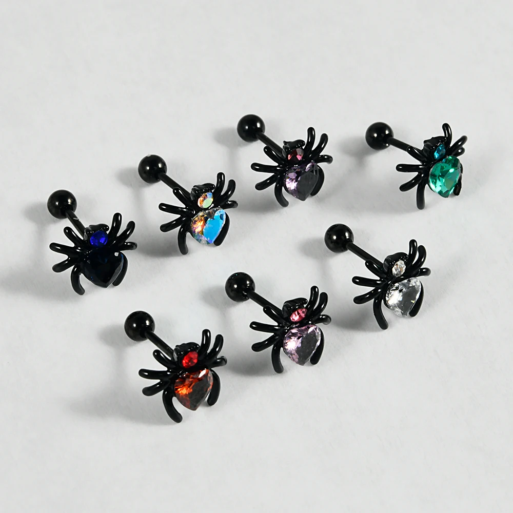 1Pc Surgical Steel Black Spider Zircon Ear Helix Tragus Cartilage Labret Lobe Earrings Rook Conch Stud Piercing Jewelry16gX8mm