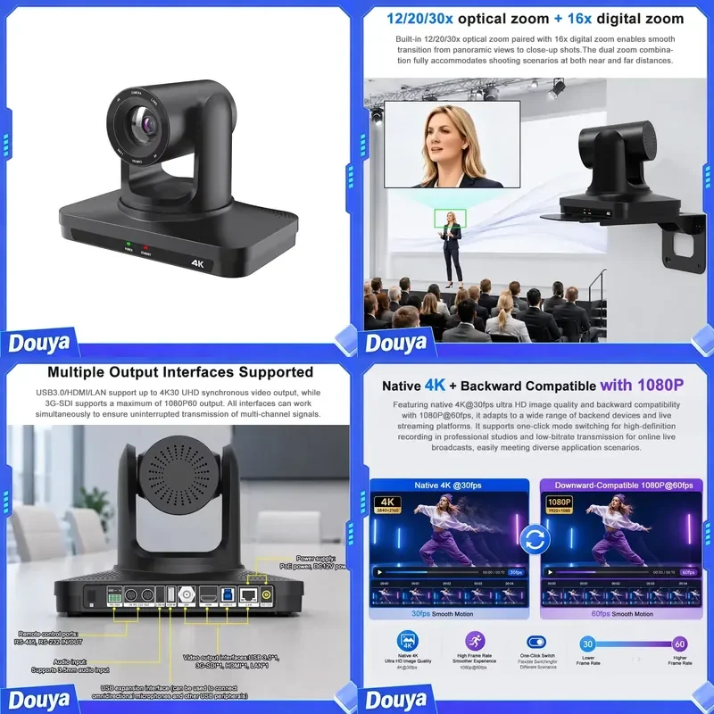 4K Professional PTZ Camera AI Auto Tracking 12X 20X 30X Optical Zoom CMOS NDI HX2 PoE SDI for Conference Live Streaming