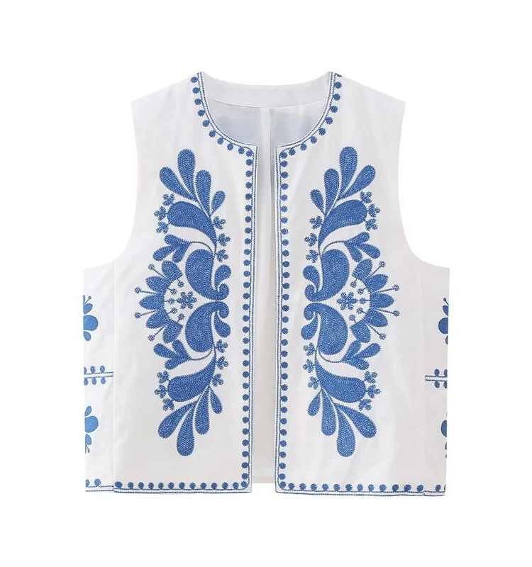 

Faionable Loose Svel Embroidered Vest Retro Color Blo Women's Clothing Cotton Wool Blend round Ne Printed Summer