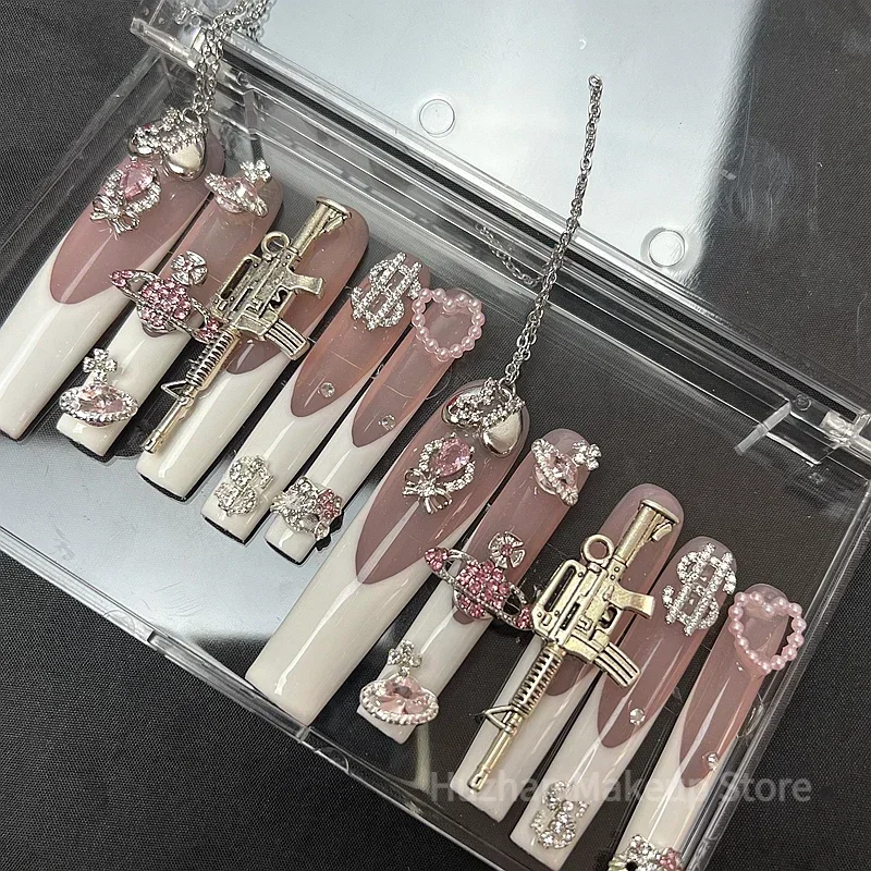 Customized XXXL Long Coffin False Nail Tips Handmade Glittery Rhinestone Press On Nails Y2K Reusable XXL Fake Nail With Glue