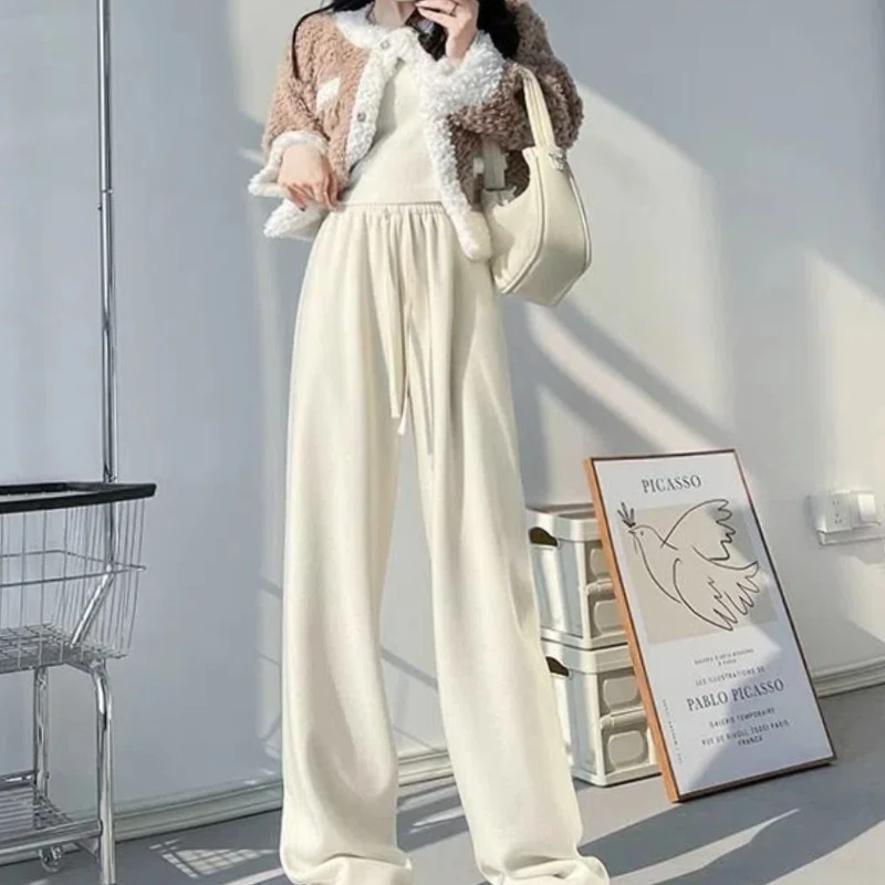 심플한 가을 위너 여성, 단색 따뜻한 탄성 하이 웨이스트 드로스트링 패션, 올 매치 스트레이트 캐주얼 와이드 레그 타월 바지