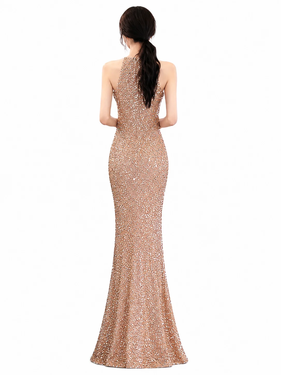 Women Halter Sequin Mermaid Evening Gown Sleeveless Keyhole Front High Slit Bodycon Maxi Dress Formal Wedding Guest Prom Cocktail Party Long Dress