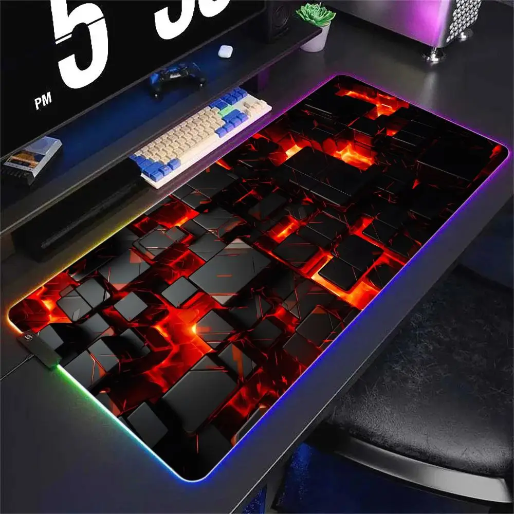 3D Flame Rocks Mouse Pad Large RGB Gaming Mousepads LED Light Locked Edges Game Accessory Table Pads PC Keyboard Mat XXL 90x40cm
