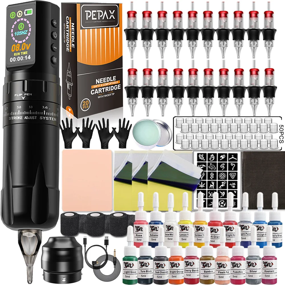 Draadloze Tattoo Pen Kit Slag Verstelbare Machine Pen Set met PEPAX Cartridge Naalden Inkt Pigment Draadloze Tattoo Kit Body Art