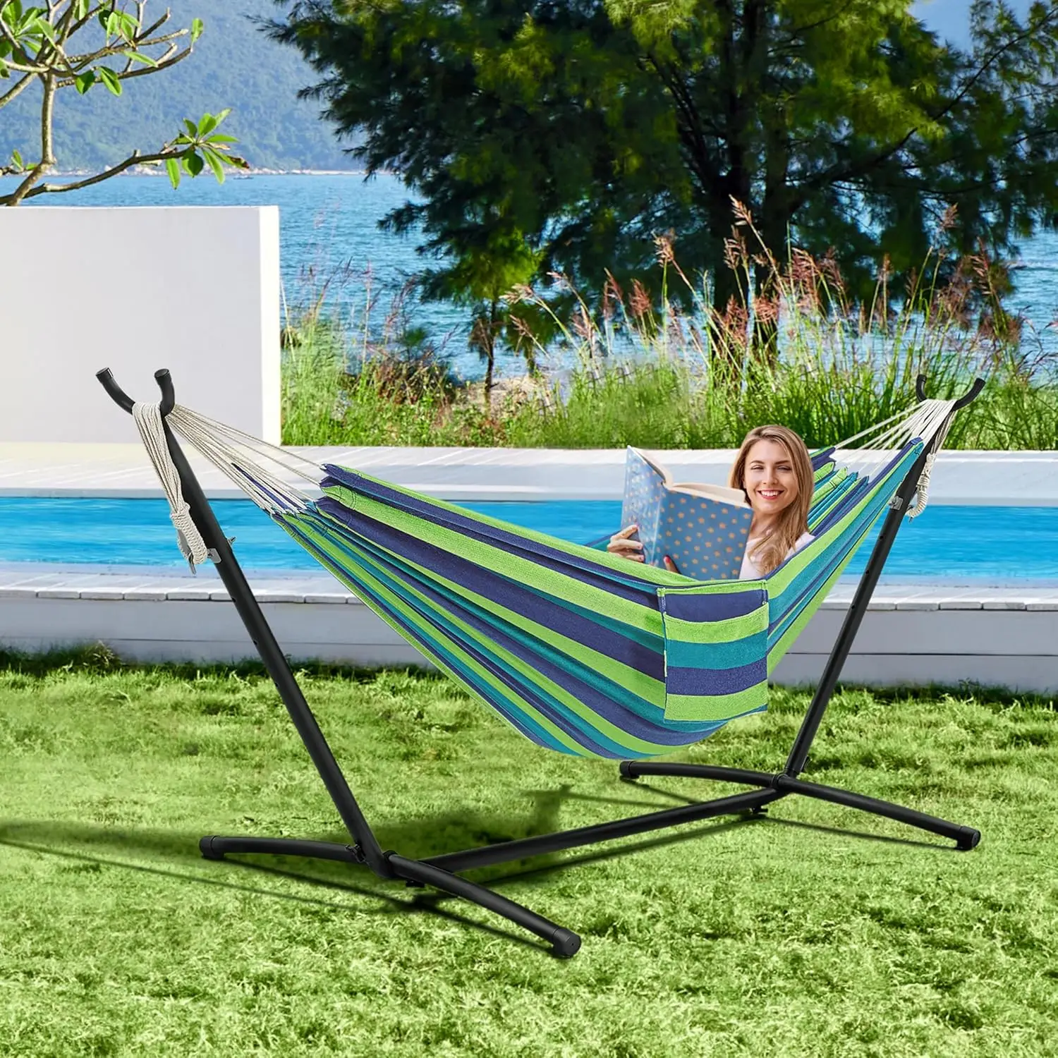 Double Hammock w/Stand, 2-People Hammock & Stand Set w/Storage Bag & Carrying Bag, Outdoor/Indoor Heavy-Duty Portable Hammock