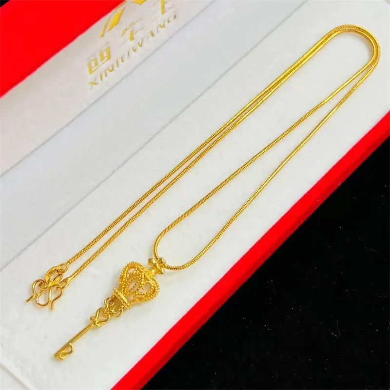 

9999 Crown Key Clamping Bone Necklace 24K Real Gold Women's Snake Bone Chain Fresh and Sweet Necklace