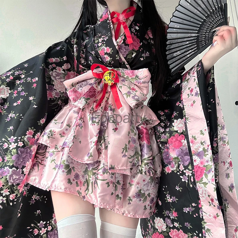 

6pcs Traditional Japanese Kimono Robe Kawaii Pink Sakura Printed Bowknot Lolita Dress Halloween Party Geisha Cosplay Costumes