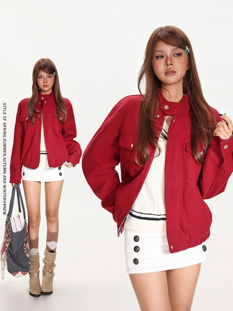 

Красное шерстяное пальто, женское свободное пальто с воротником-стойкой, тюре, повседневная зимняя верхняя одежда, прямой крой, сильфон, полная длина, молния