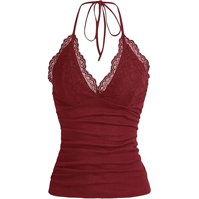 Korean Y2K Women's Red Slimming Lace Hanging Neck Strap Tank Top Simple and Versatile for Daily Use without Losing Sexiness