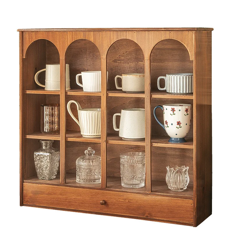 Cup holder retro grid cosmetics sorting dressing table wooden retro storage box office desktop cup tea cup drawer storage rack