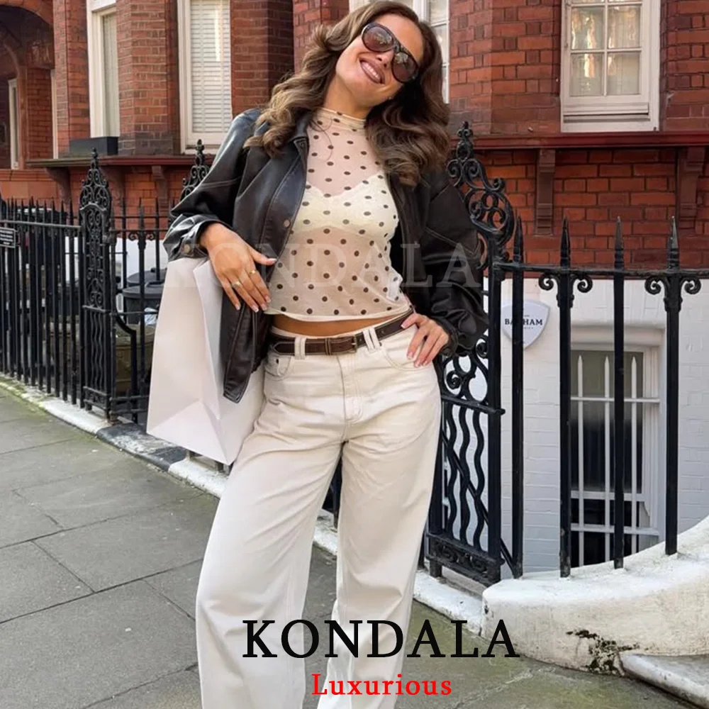 KONDALA Sexy Chic Women Transparetn Tops Dot Long Sleeve Slim Streetwear T-shirt Fashion 2026 Spring Summer Holiday Y2K Girl Top