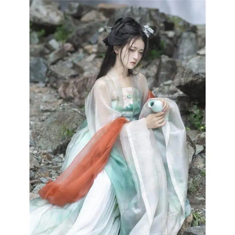 Hanfu women's Tang Dynasty embroidered chest-length large-sleeved shirt printed balsam skirt