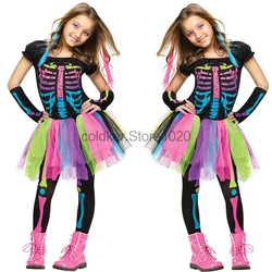 2024 Children Fancy Rainbow Skeleton Ghost Costume Kids Punky Skeleton Tutu Dress Girls Halloween Purim Carnival Party Outfits