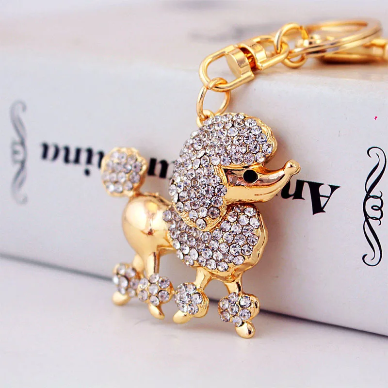 Cute Rhinestone Crystal Poodle Dog Keychain Animal Puppy Key Chain Key Ring Holder Bag Pendant Accessories Keyring