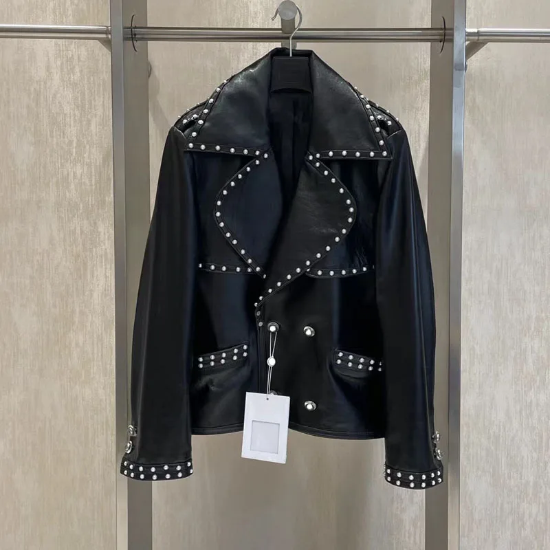 

Women Coat Spring 2023 New Fashion Genuine Leather Jacket With Diamonds High Quality Clothes Turn-Down Collar Double Breasted