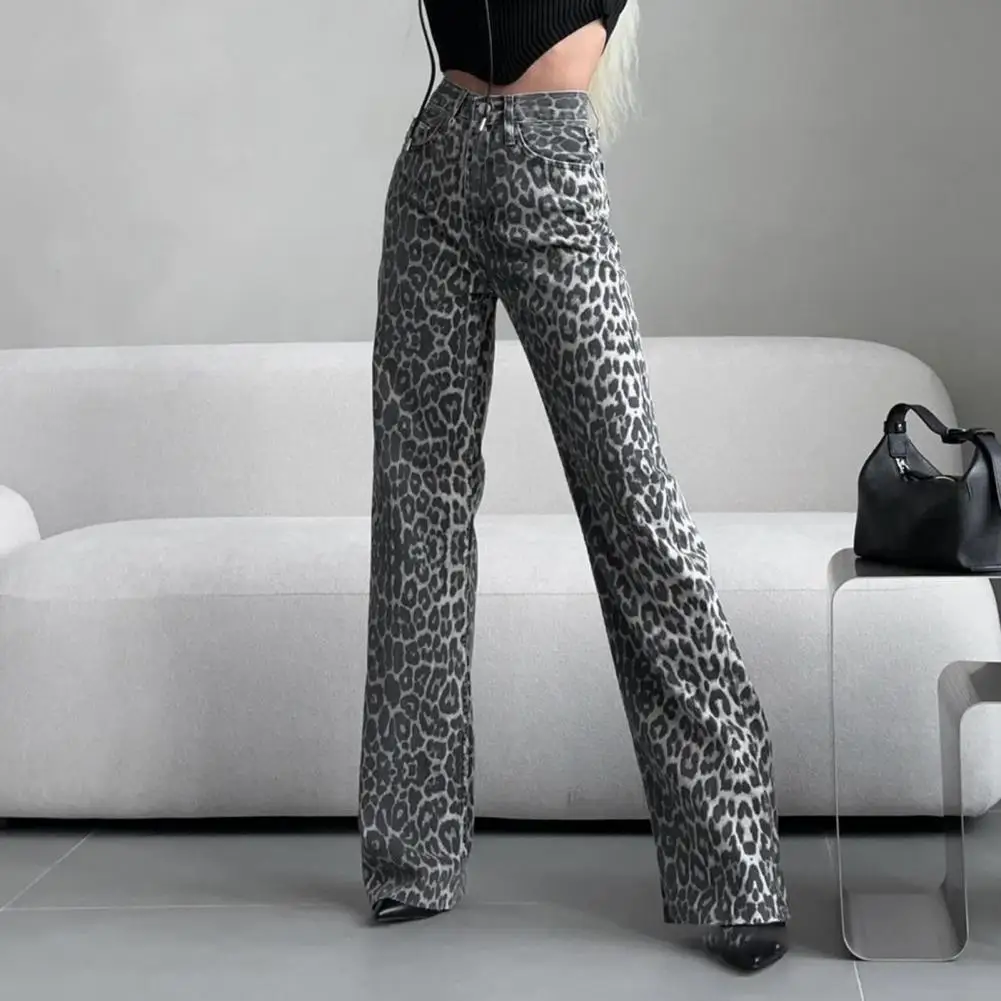 

Women High-waisted Leopard Print Pants Leopard Print Wide Leg Jeans with High Waist Pockets Stylish Women's Casual Pants for A