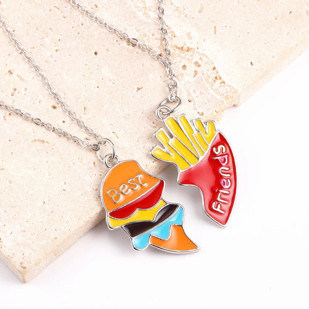 1Pair Funny Metal Enamel Hamburg Chips Pendants Necklace Creative Couple Best Friends Necklace Jewelry Accessories Party Gifts