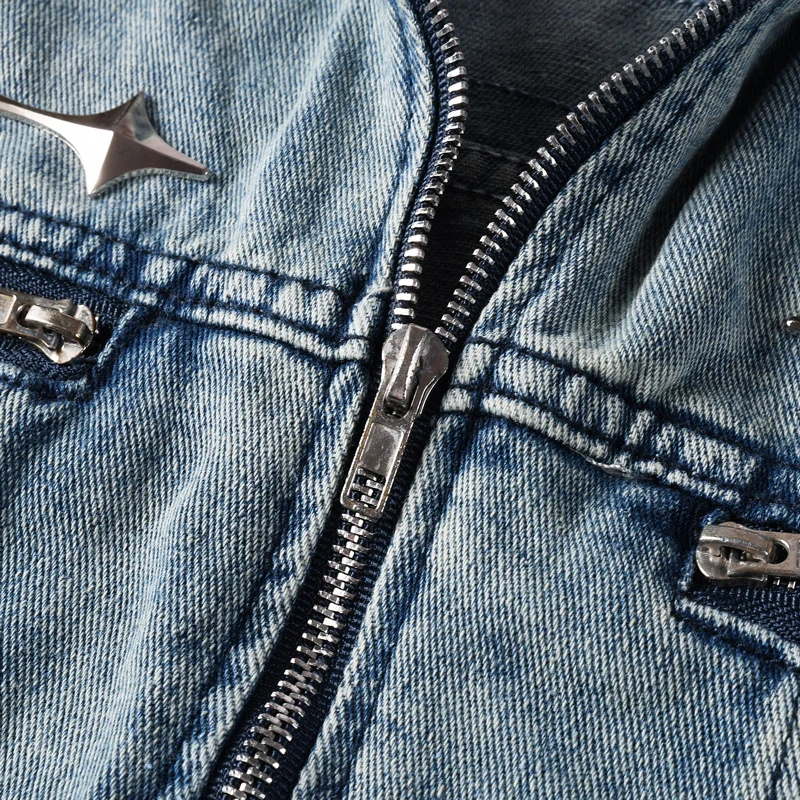 Fashionable new light blue denim washed and decorated with sticker zipper, high street hip-hop brand designer top Y2K