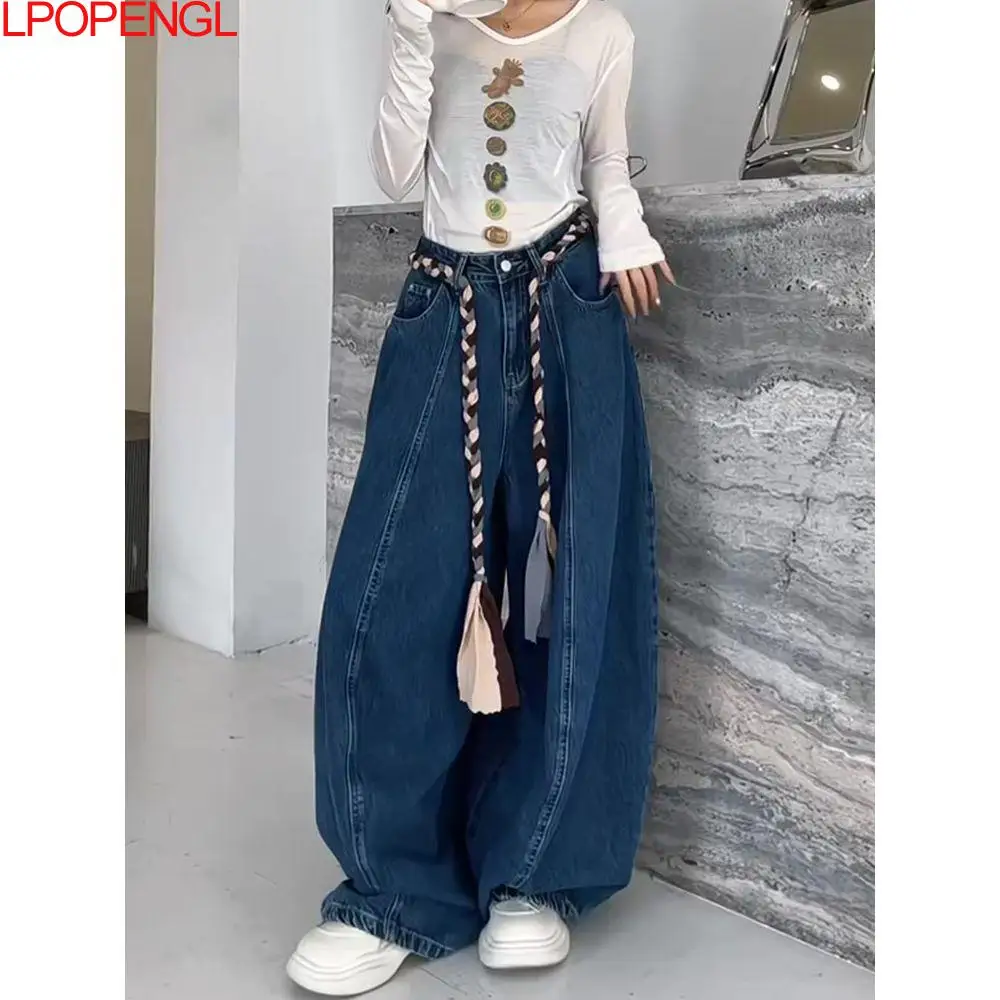 

Женские осенние новые модные свободные однотонные уличные брюки с высокой талией и широкими штанинами, трехмерные повседневные джинсы-фонарики