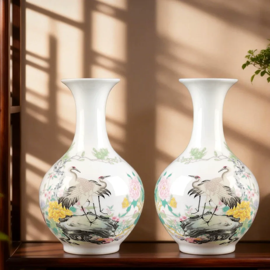 Jingdezhen ceramic ware, pink flower vase, flower arrangement, Chinese style living room, wine cabinet, office home decoration,